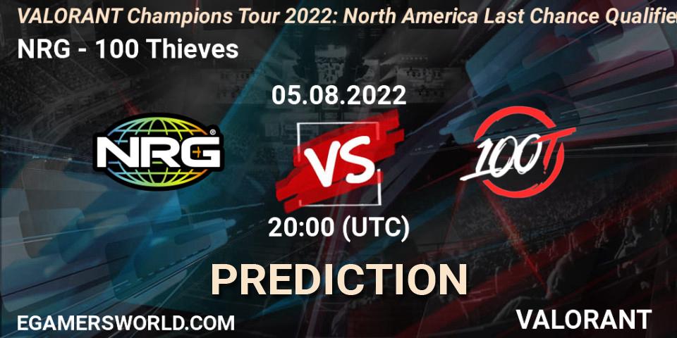 Prognose für das Spiel NRG VS 100 Thieves. 05.08.2022 at 20:00. VALORANT - VCT 2022: North America Last Chance Qualifier