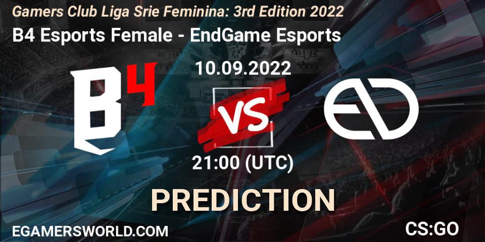 Prognose für das Spiel B4 Esports Female VS EndGame Esports. 10.09.22. CS2 (CS:GO) - Gamers Club Liga Série Feminina: 3rd Edition 2022