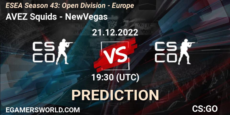 Prognose für das Spiel AVEZ Squids VS NewVegas. 21.12.2022 at 18:00. Counter-Strike (CS2) - ESEA Season 43: Open Division - Europe