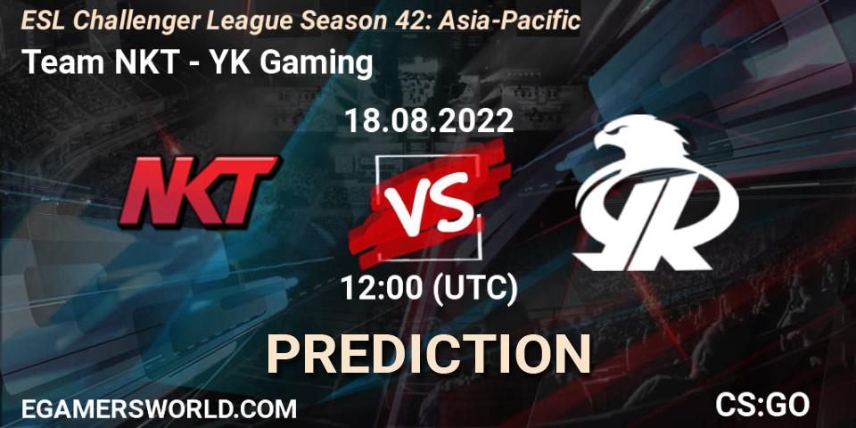 Prognose für das Spiel Team NKT VS YK Gaming. 18.08.2022 at 12:00. Counter-Strike (CS2) - ESL Challenger League Season 42: Asia-Pacific
