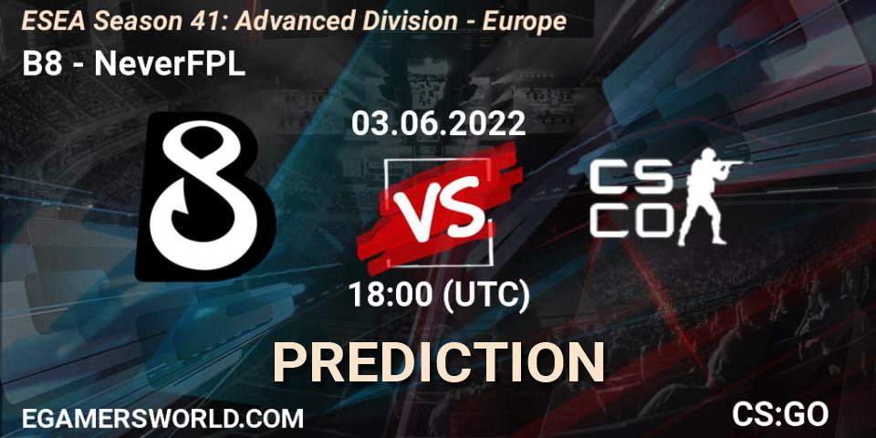 Prognose für das Spiel B8 VS NeverFPL. 03.06.2022 at 18:00. Counter-Strike (CS2) - ESEA Season 41: Advanced Division - Europe