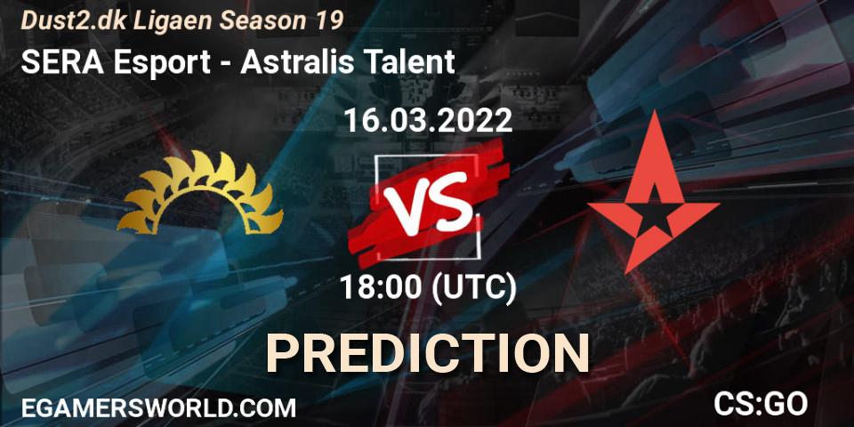 Prognose für das Spiel SERA Esport VS Astralis Talent. 16.03.2022 at 18:00. Counter-Strike (CS2) - Dust2.dk Ligaen Season 19