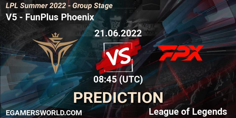 Prognose für das Spiel Victory Five VS FunPlus Phoenix. 21.06.2022 at 09:00. LoL - LPL Summer 2022 - Group Stage