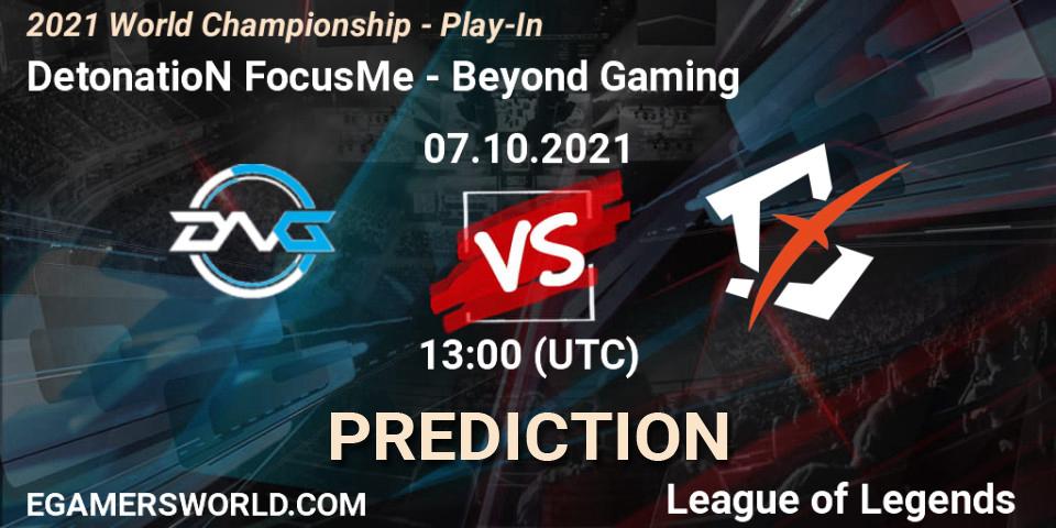 Prognose für das Spiel DetonatioN FocusMe VS Beyond Gaming. 07.10.2021 at 13:00. LoL - 2021 World Championship - Play-In