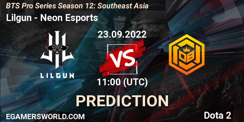 Prognose für das Spiel Lilgun VS Neon Esports. 23.09.2022 at 10:57. Dota 2 - BTS Pro Series Season 12: Southeast Asia