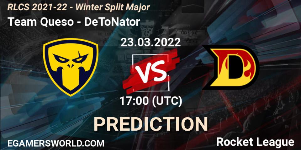 Prognose für das Spiel Team Queso VS DeToNator. 23.03.2022 at 17:00. Rocket League - RLCS 2021-22 - Winter Split Major
