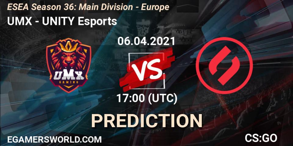 Prognose für das Spiel UMX VS UNITY Esports. 06.04.2021 at 17:00. Counter-Strike (CS2) - ESEA Season 36: Main Division - Europe