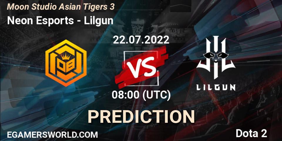 Prognose für das Spiel Neon Esports VS Lilgun. 22.07.2022 at 08:30. Dota 2 - Moon Studio Asian Tigers 3