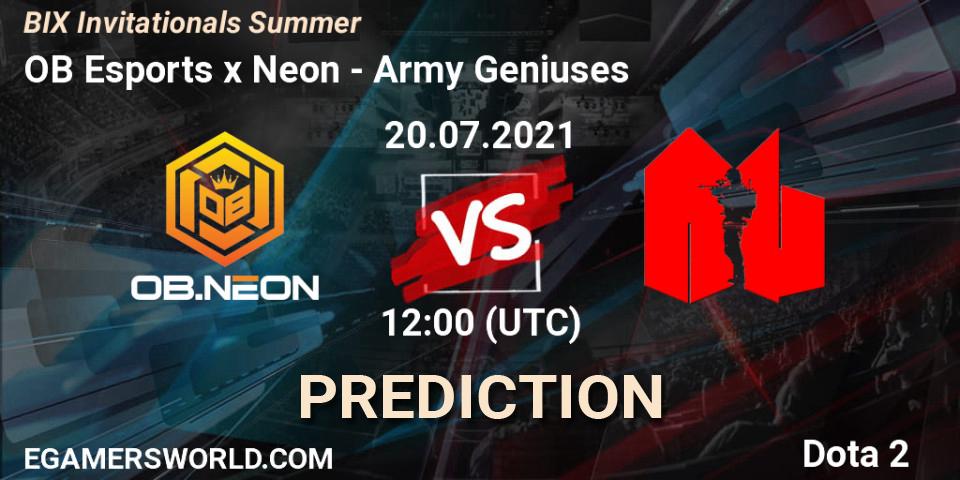 Prognose für das Spiel OB Esports x Neon VS Army Geniuses. 20.07.2021 at 12:27. Dota 2 - BIX Invitationals Summer