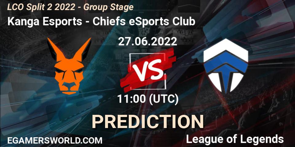 Prognose für das Spiel Kanga Esports VS Chiefs eSports Club. 27.06.2022 at 11:00. LoL - LCO Split 2 2022 - Group Stage