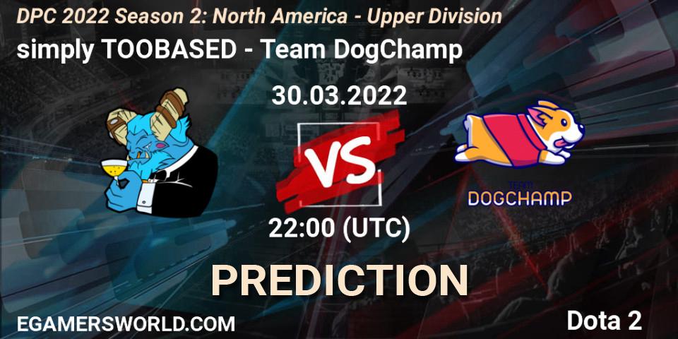 Prognose für das Spiel simply TOOBASED VS Team DogChamp. 30.03.2022 at 22:11. Dota 2 - DPC 2021/2022 Tour 2 (Season 2): NA Division I (Upper) - ESL One Spring 2022