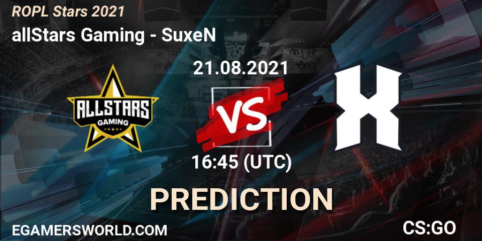 Prognose für das Spiel allStars Gaming VS SuxeN. 21.08.2021 at 16:45. Counter-Strike (CS2) - ROPL Stars 2021