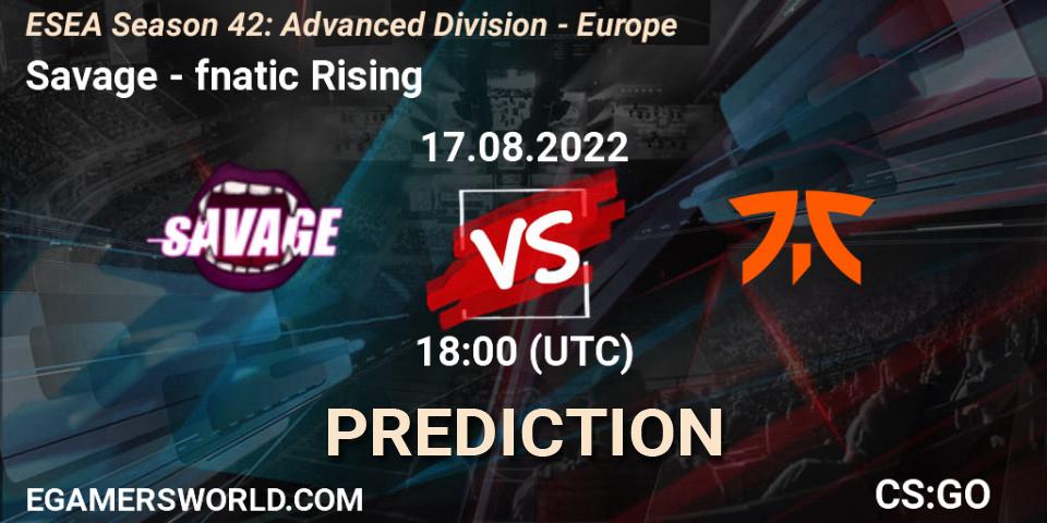 Prognose für das Spiel Savage VS fnatic Rising. 17.08.2022 at 18:00. Counter-Strike (CS2) - ESEA Season 42: Advanced Division - Europe