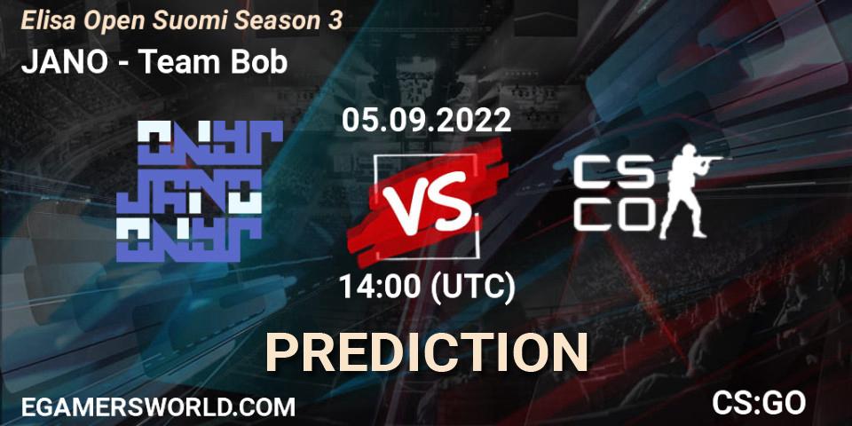 Prognose für das Spiel JANO VS Team Bob. 05.09.2022 at 14:00. Counter-Strike (CS2) - Elisa Open Suomi Season 3