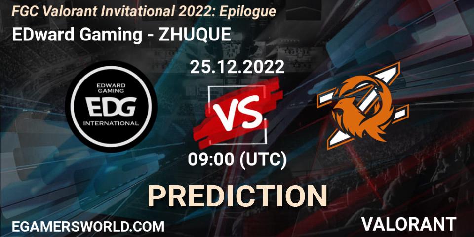 Prognose für das Spiel EDward Gaming VS ZHUQUE. 25.12.2022 at 09:00. VALORANT - FGC Valorant Invitational 2022: Epilogue