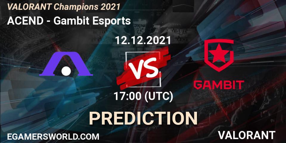 Prognose für das Spiel ACEND VS Gambit Esports. 12.12.2021 at 17:30. VALORANT - VALORANT Champions 2021