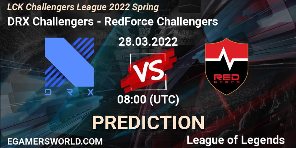 Prognose für das Spiel DRX Challengers VS RedForce Challengers. 28.03.2022 at 08:00. LoL - LCK Challengers League 2022 Spring