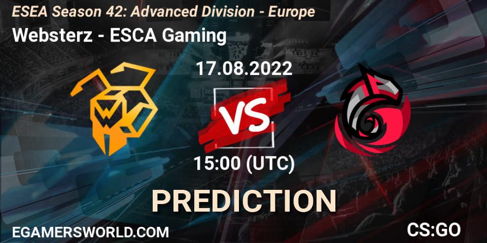 Prognose für das Spiel Websterz VS ESCA Gaming. 17.08.22. CS2 (CS:GO) - ESEA Season 42: Advanced Division - Europe
