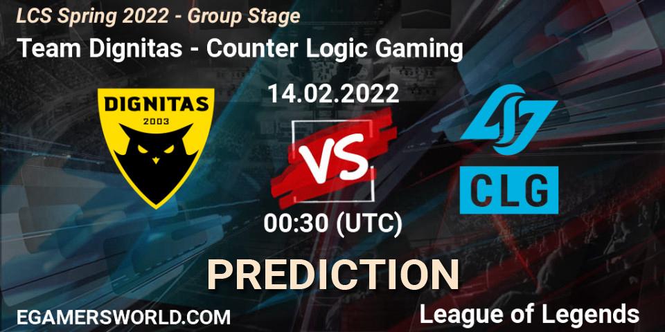 Prognose für das Spiel Team Dignitas VS Counter Logic Gaming. 14.02.2022 at 01:00. LoL - LCS Spring 2022 - Group Stage