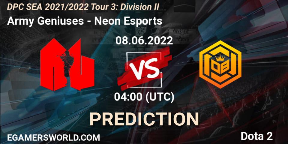 Prognose für das Spiel Army Geniuses VS Neon Esports. 08.06.2022 at 04:00. Dota 2 - DPC SEA 2021/2022 Tour 3: Division II