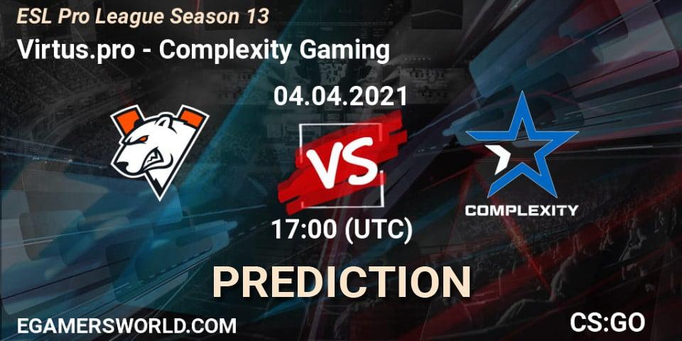 Prognose für das Spiel Virtus.pro VS Complexity Gaming. 04.04.2021 at 17:00. Counter-Strike (CS2) - ESL Pro League Season 13
