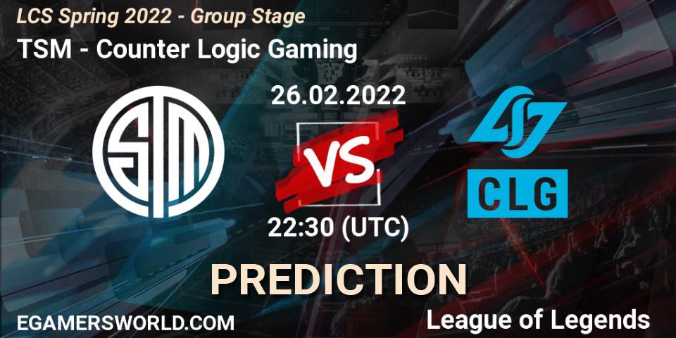 Prognose für das Spiel TSM VS Counter Logic Gaming. 26.02.2022 at 22:30. LoL - LCS Spring 2022 - Group Stage