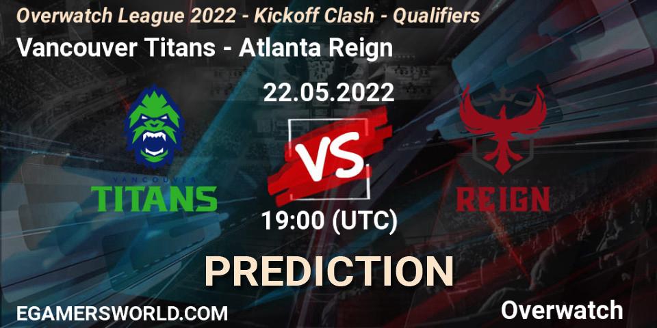 Prognose für das Spiel Vancouver Titans VS Atlanta Reign. 22.05.2022 at 19:00. Overwatch - Overwatch League 2022 - Kickoff Clash - Qualifiers