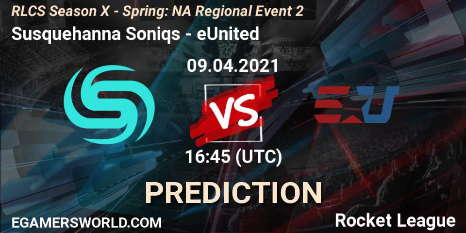 Prognose für das Spiel Susquehanna Soniqs VS eUnited. 09.04.2021 at 16:45. Rocket League - RLCS Season X - Spring: NA Regional Event 2