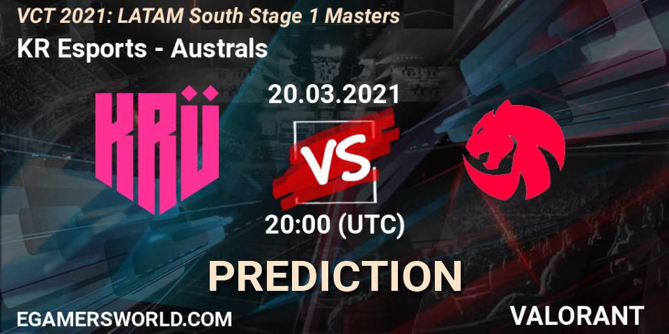 Prognose für das Spiel KRÜ Esports VS Australs. 20.03.2021 at 20:00. VALORANT - VCT 2021: LATAM South Stage 1 Masters
