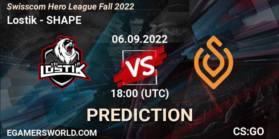 Prognose für das Spiel Lostik VS SHAPE. 06.09.2022 at 18:00. Counter-Strike (CS2) - Swisscom Hero League Fall 2022