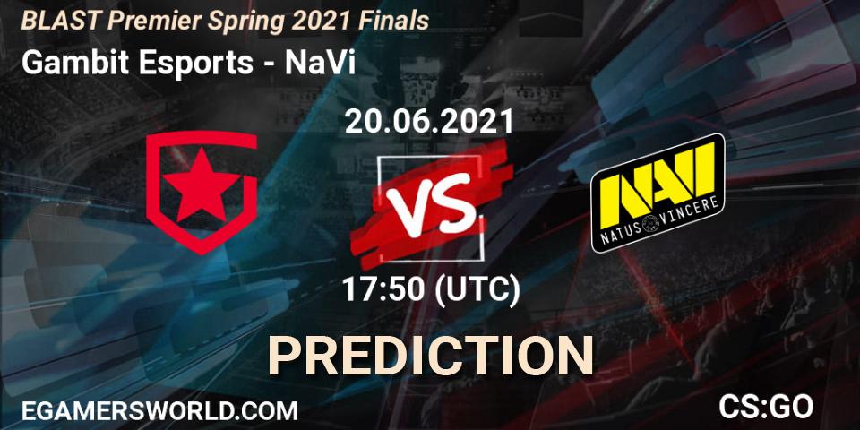 Prognose für das Spiel Gambit Esports VS NaVi. 20.06.2021 at 18:15. Counter-Strike (CS2) - BLAST Premier Spring 2021 Finals