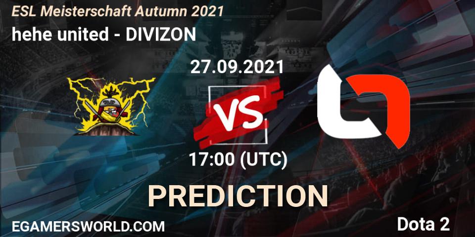 Prognose für das Spiel hehe united VS DIVIZON. 27.09.2021 at 17:13. Dota 2 - ESL Meisterschaft Autumn 2021