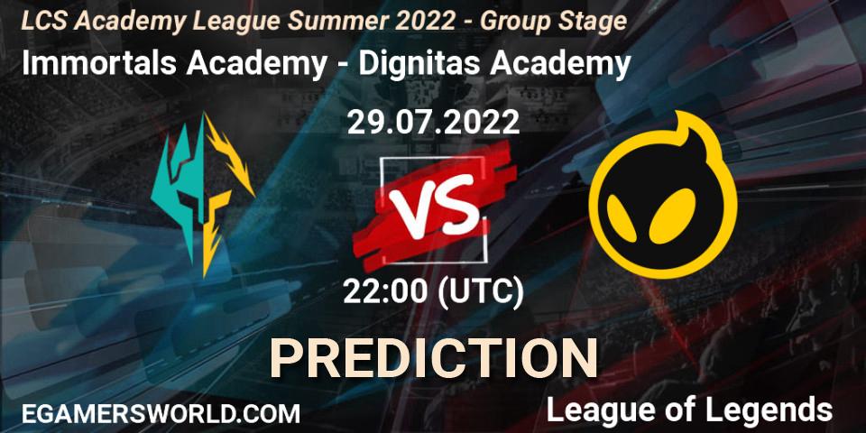 Prognose für das Spiel Immortals Academy VS Dignitas Academy. 29.07.22. LoL - LCS Academy League Summer 2022 - Group Stage