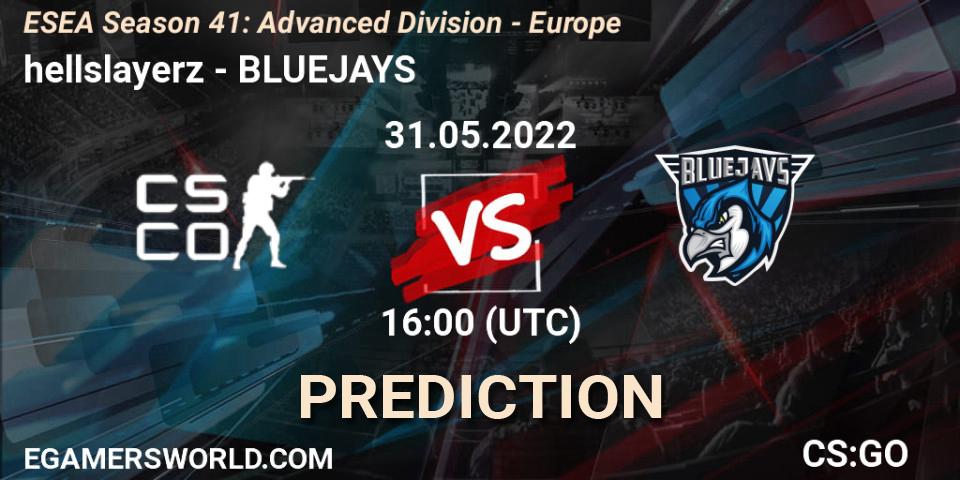 Prognose für das Spiel hellslayerz VS BLUEJAYS. 31.05.2022 at 16:00. Counter-Strike (CS2) - ESEA Season 41: Advanced Division - Europe