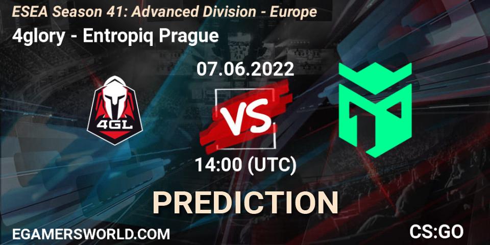Prognose für das Spiel 4glory VS Entropiq Prague. 07.06.2022 at 14:00. Counter-Strike (CS2) - ESEA Season 41: Advanced Division - Europe
