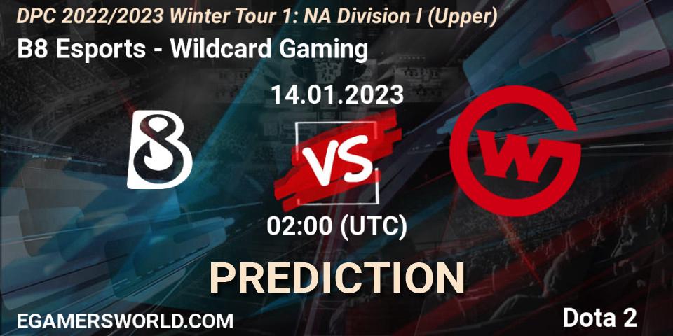 Prognose für das Spiel B8 Esports VS Wildcard Gaming. 14.01.23. Dota 2 - DPC 2022/2023 Winter Tour 1: NA Division I (Upper)