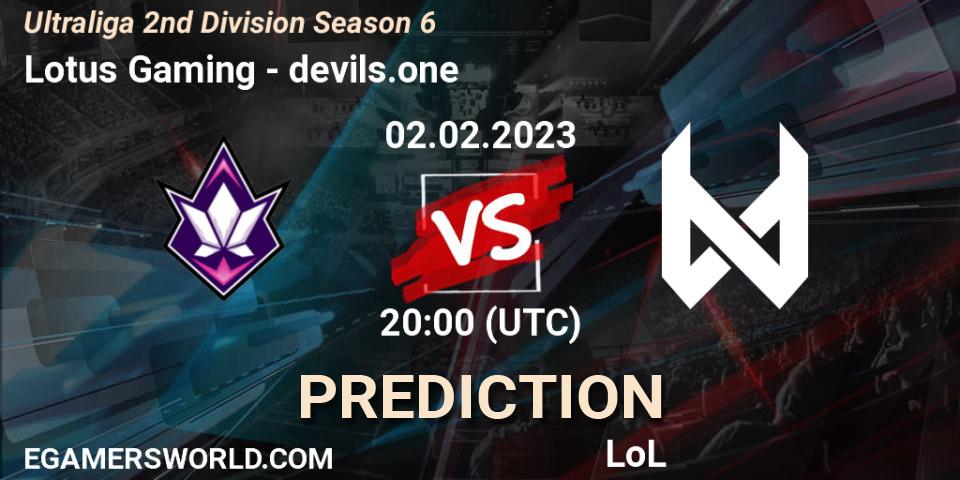 Prognose für das Spiel Lotus Gaming VS devils.one. 02.02.2023 at 20:00. LoL - Ultraliga 2nd Division Season 6