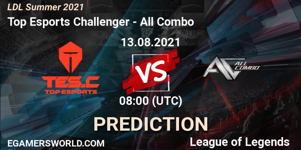 Prognose für das Spiel Top Esports Challenger VS All Combo. 13.08.2021 at 08:00. LoL - LDL Summer 2021