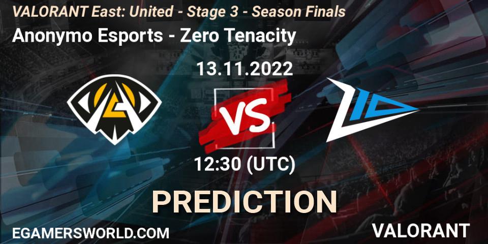 Prognose für das Spiel Anonymo Esports VS Zero Tenacity. 13.11.2022 at 12:30. VALORANT - VALORANT East: United - Stage 3 - Season Finals