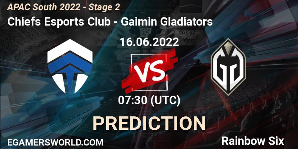 Prognose für das Spiel Chiefs Esports Club VS Gaimin Gladiators. 16.06.2022 at 07:30. Rainbow Six - APAC South 2022 - Stage 2