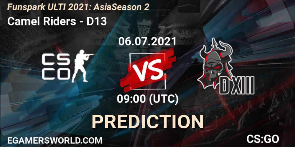 Prognose für das Spiel Camel Riders VS D13. 06.07.2021 at 09:00. Counter-Strike (CS2) - Funspark ULTI 2021: Asia Season 2