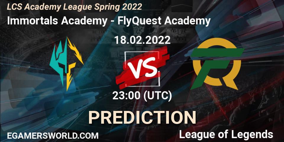 Prognose für das Spiel Immortals Academy VS FlyQuest Academy. 18.02.2022 at 22:55. LoL - LCS Academy League Spring 2022