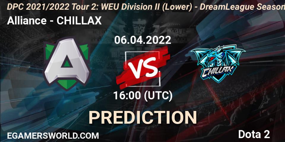 Prognose für das Spiel Alliance VS CHILLAX. 06.04.2022 at 15:55. Dota 2 - DPC 2021/2022 Tour 2: WEU Division II (Lower) - DreamLeague Season 17