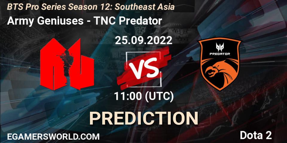 Prognose für das Spiel Army Geniuses VS TNC Predator. 25.09.2022 at 10:53. Dota 2 - BTS Pro Series Season 12: Southeast Asia