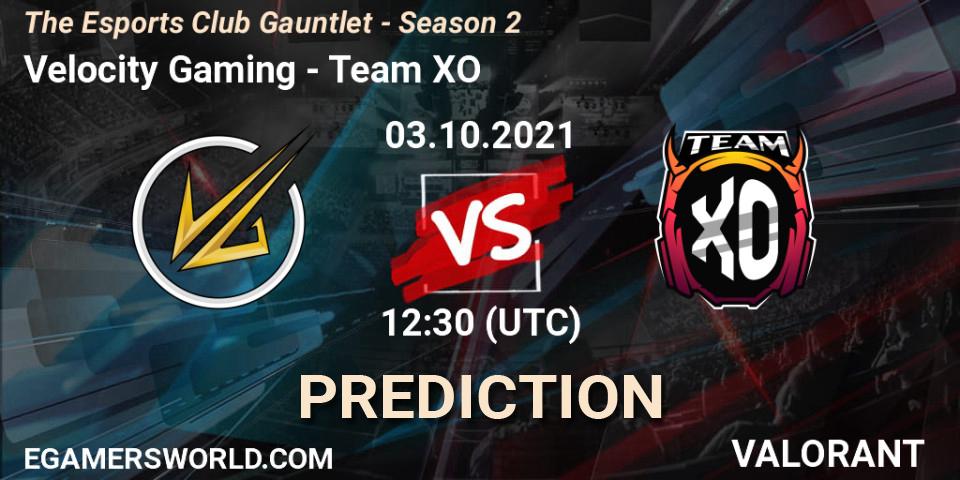 Prognose für das Spiel Velocity Gaming VS Team XO. 03.10.2021 at 12:30. VALORANT - The Esports Club Gauntlet - Season 2