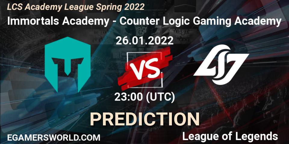 Prognose für das Spiel Immortals Academy VS Counter Logic Gaming Academy. 26.01.2022 at 23:00. LoL - LCS Academy League Spring 2022