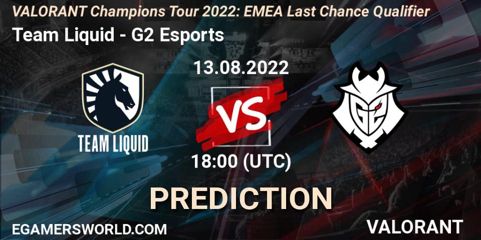 Prognose für das Spiel Team Liquid VS G2 Esports. 13.08.2022 at 18:10. VALORANT - VCT 2022: EMEA Last Chance Qualifier