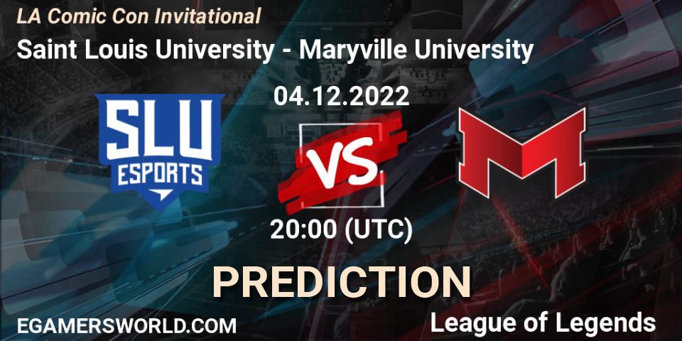 Prognose für das Spiel Saint Louis University VS Maryville University. 04.12.2022 at 20:00. LoL - LA Comic Con Invitational