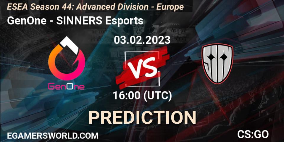 Prognose für das Spiel GenOne VS SINNERS Esports. 03.02.23. CS2 (CS:GO) - ESEA Season 44: Advanced Division - Europe