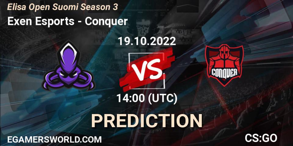 Prognose für das Spiel Exen Esports VS Conquer. 19.10.2022 at 14:00. Counter-Strike (CS2) - Elisa Open Suomi Season 3